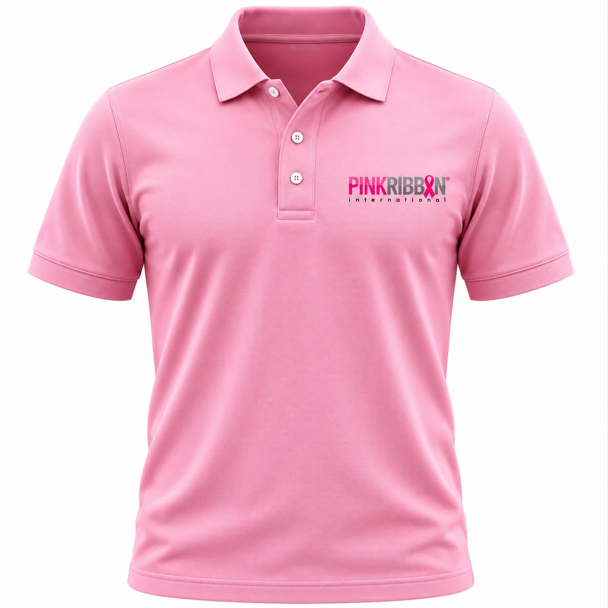 Front view of the PinkRibbon International premium polo T-shirt