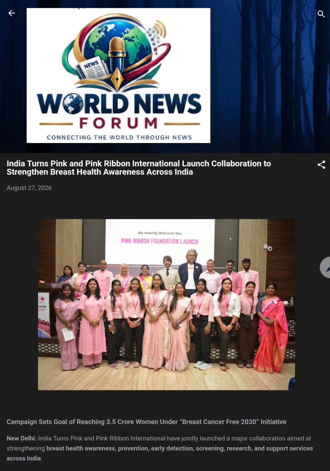 World News Forum — India Turns Pink and Pink Ribbon International Launch Collaboration to Strengthen Breast Health Awareness Across India