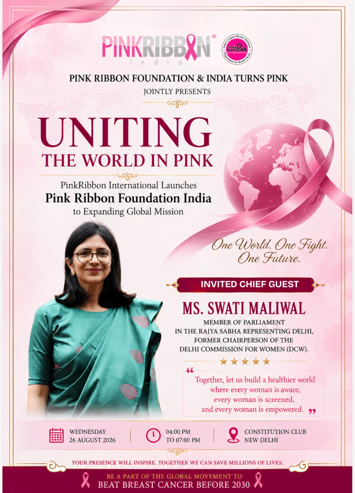 Launch poster for Ms Swati Maliwal, Invited Chief Guest — Member of Parliament, Rajya Sabha (Delhi); former Chairperson, Delhi Commission for Women