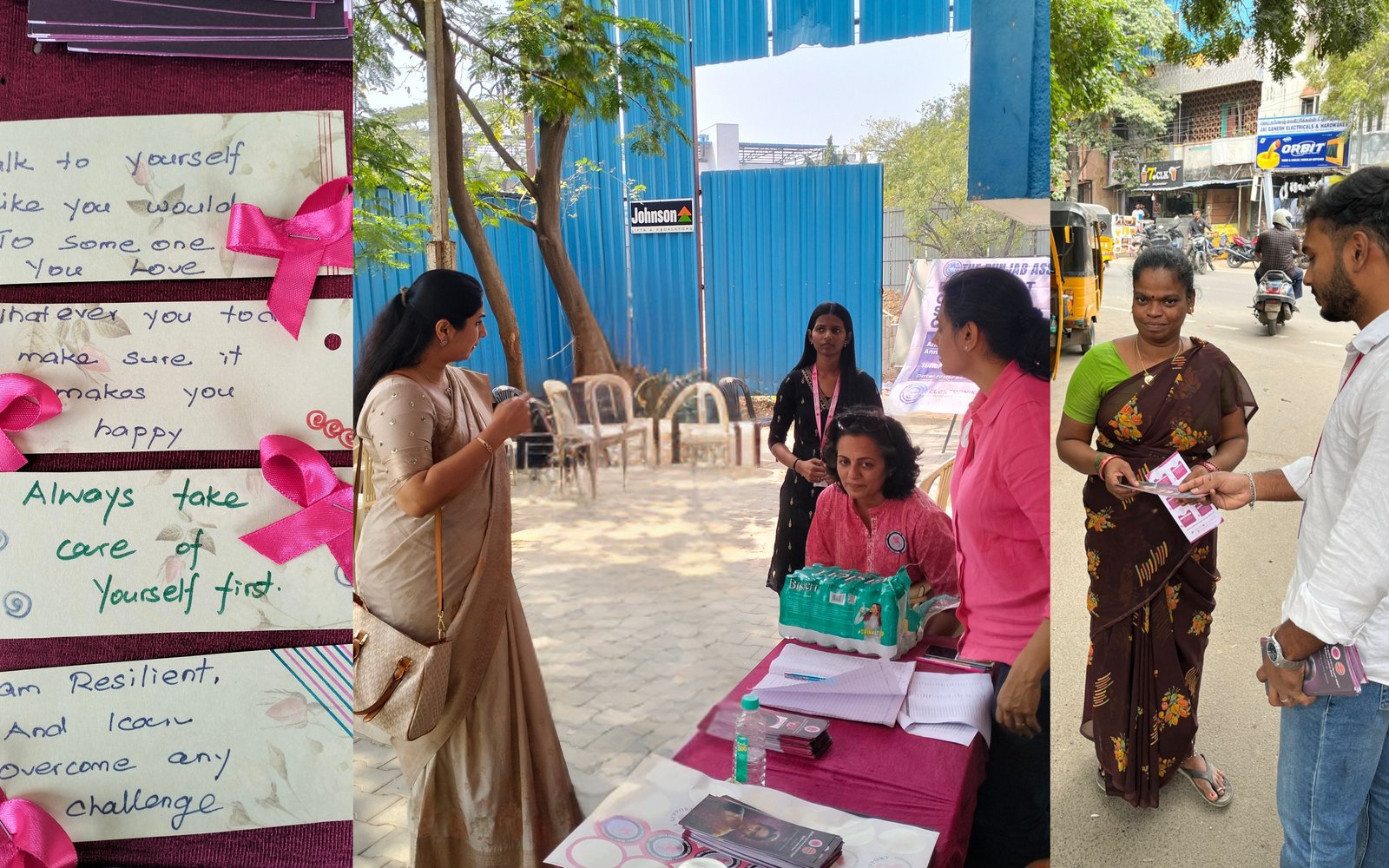 A community awareness stall with pink signage and information materials