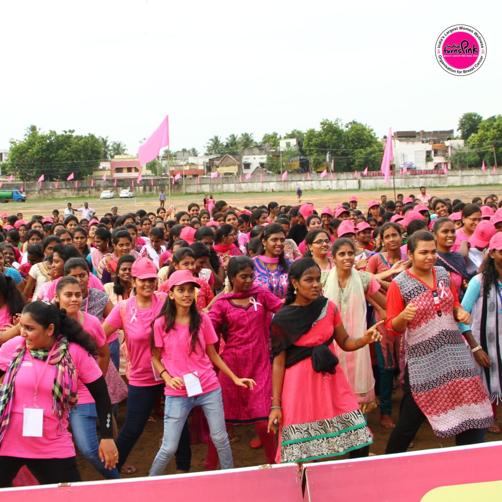 A large India Turns Pink gathering on a public ground, with pink flags